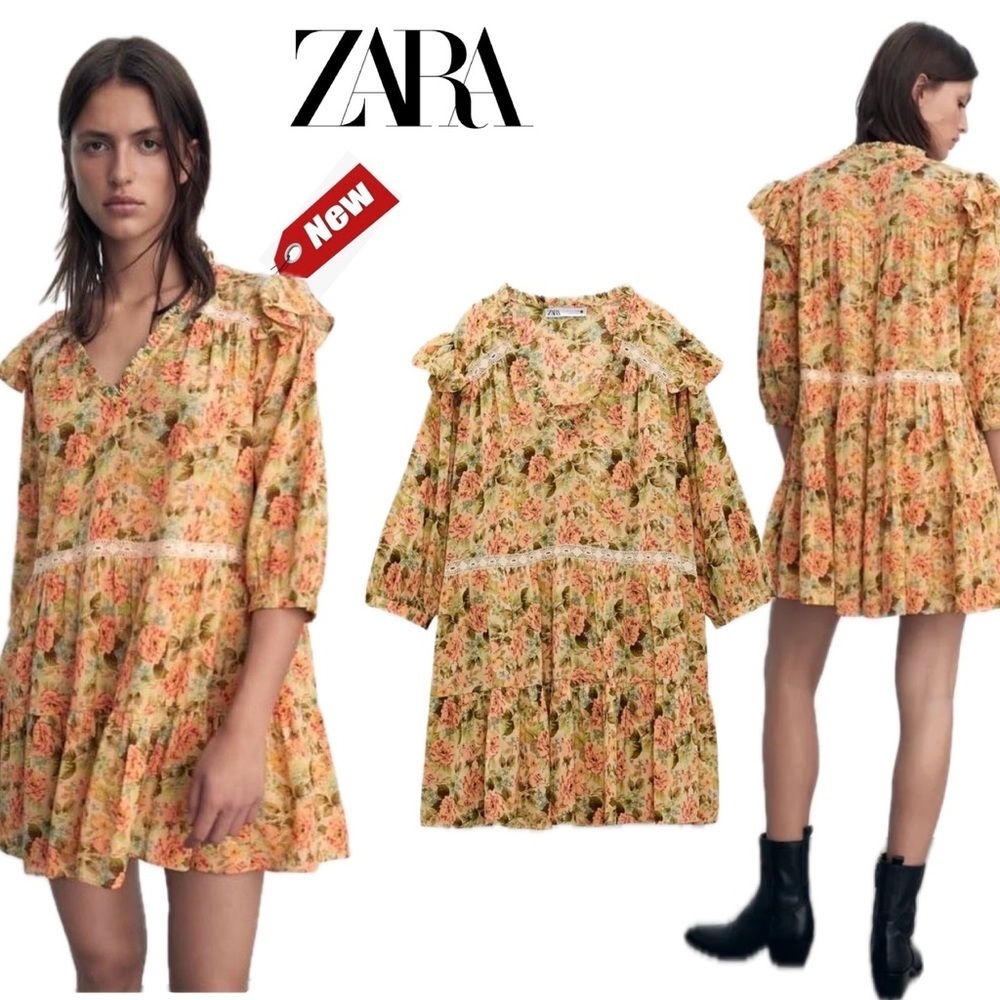 Zara pink green floral flower ruffle crochet babydoll mini dress prairie S NWT